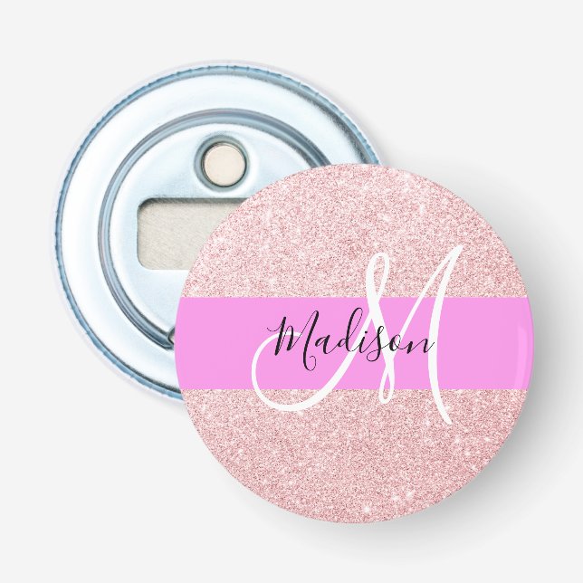 Glam Blush Rosa Rosa Guld Glitter Glans Monogram Flasköppnare (Framsidan)