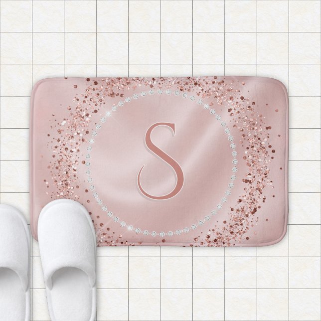 Glam Blush Rosa Roséguld Glitter Monogram Badrumsmatta (Glam Blush Pink Rose Gold Glitter Monogram Bath Mat)