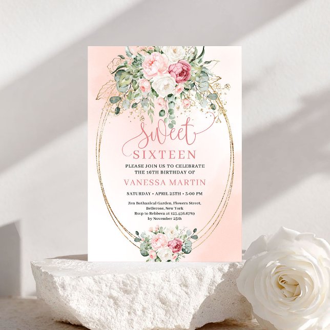 Glam Blush Rosor Sweet 16 Födelsedagsfest Inbjudan (Glam Blush Roses Sweet 16 Birthday Party Invitation)