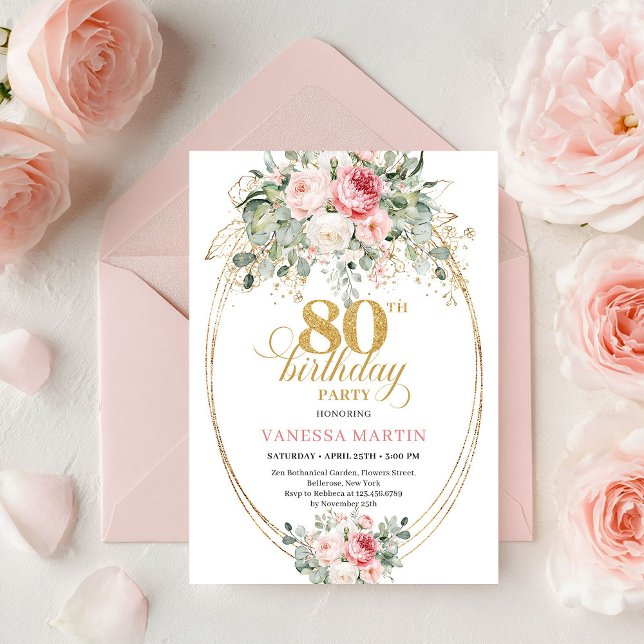 Glam Bohemian Blush Floral Gold 80th Birthday Inbjudningar (Glam Bohemian Blush Floral Gold 80th Birthday Invite)