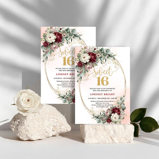 Glam Bohemian Deep Red Floral Gold Sweet 16 Invite Inbjudningar (Glam Bohemian Deep Red Floral Gold Sweet 16 Invitation)