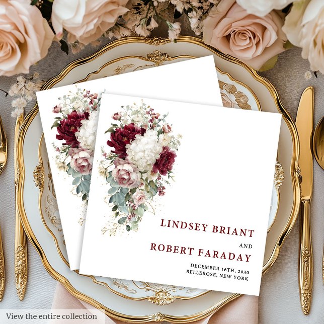 Glam Boho Burgunder Guld Ros Bröllopsservetter Pappersservett (Glam Boho Burgundy Gold Rose Wedding Paper Napkin)