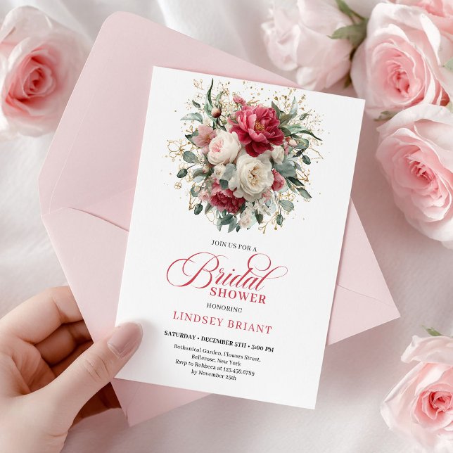 Glam Boho Burgundy Blush Floral Greenery Shower Inbjudningar (Minimal Bohemian Red White Gold Bridal Shower)