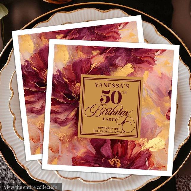 Glam Boho Burgundy  Guld-Blommigten 50:e födelseda Pappersservett (Glam Boho Burgundy Blush Gold Floral 50th Birthday Paper Dinner Napkins)