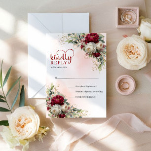 Glam Boho Burgundy och Vita Blommor Guld Bröllop OSA Kort