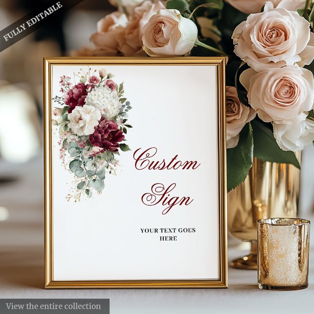 Glam Boho Burgundy White Bröllop Anpassningsbar-sk Poster (Glam Boho Burgundy White Wedding Custom Sign Poster)
