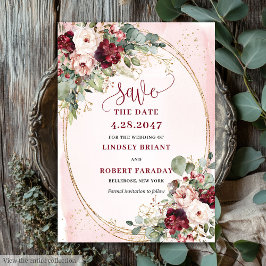 Glam Boho Deep Red Blush Gold Flowers Save Date Inbjudningar
