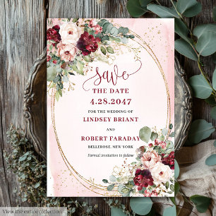 Glam Boho Djup Röda Kindrosett Guld Blommor Spara  Inbjudningar