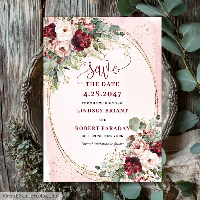 Glam Boho Djup Röda Kindrosett Guld Blommor Spara  Inbjudningar (Glam Boho Deep Red Blush Gold Flowers Save Date)