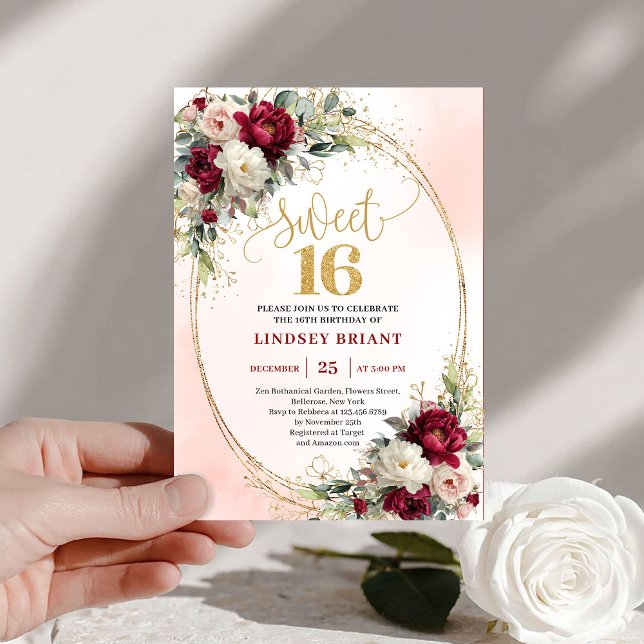 Glam Boho Merlot Guld Blommig 16-års inbjudan (Glam Boho Merlot Gold Floral 16th Birthday Invitation)