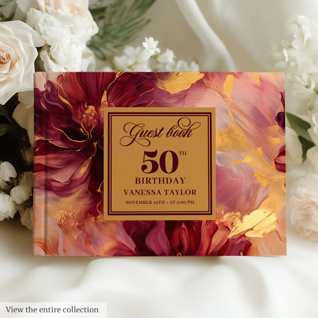 Glam Boho Mörk Red  Guld Blommigt 50:e födelsedage Gästböcker (Glam Boho Dark Red Blush Gold Floral 50th Birthday Guest Book)