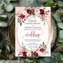 Glam Boho Mörkröd Guld Blommig Bröllopsinbjudan