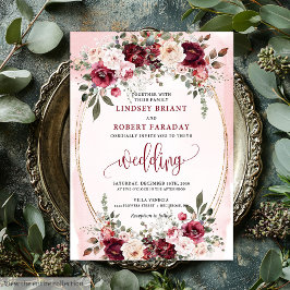 Glam Boho Mörkröd Guld Blommig Bröllopsinbjudan Inbjudningar