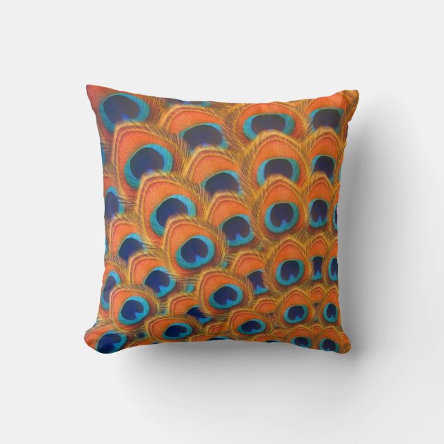 Glam Boho Orange Blue Peacock Feathers Kudde (Framsida)