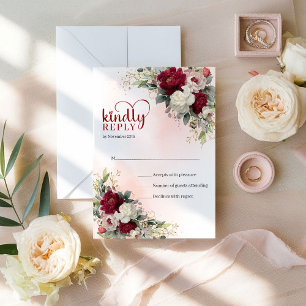 Glam Boho Röd och Vit Blommig Guld Bröllop RSVP OSA Kort