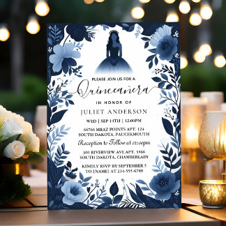 Glam Boll Gown Spark Mörk Navy Blue Quinceanera Inbjudningar