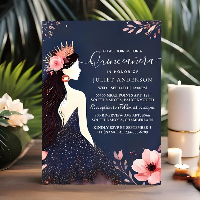 Glam Boll Gown Spark Mörk Navy Blue Quinceanera Inbjudningar (Skapare uppladdad)