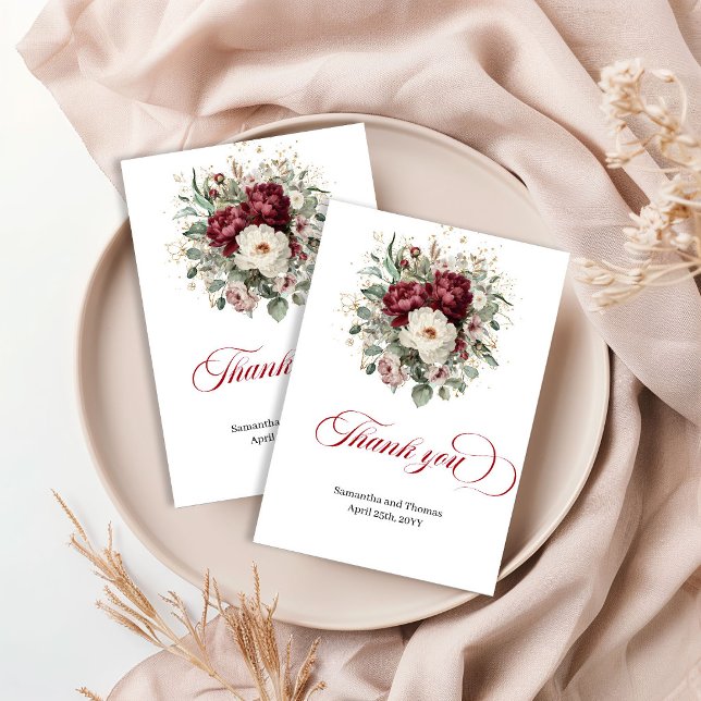 Glam Bourgogne Blommig Eukalyptus Grönt Tacksamhet Tack Kort (Glam Burgundy Floral Eucalyptus Greenery Thank You Card)