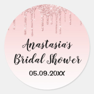 Glam Bröllopsfest Rosa Rosa Guld Glitterdroppar Runt Klistermärke