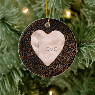Glam Brown Black Leopard Print Heart Julgransprydnad Keramik