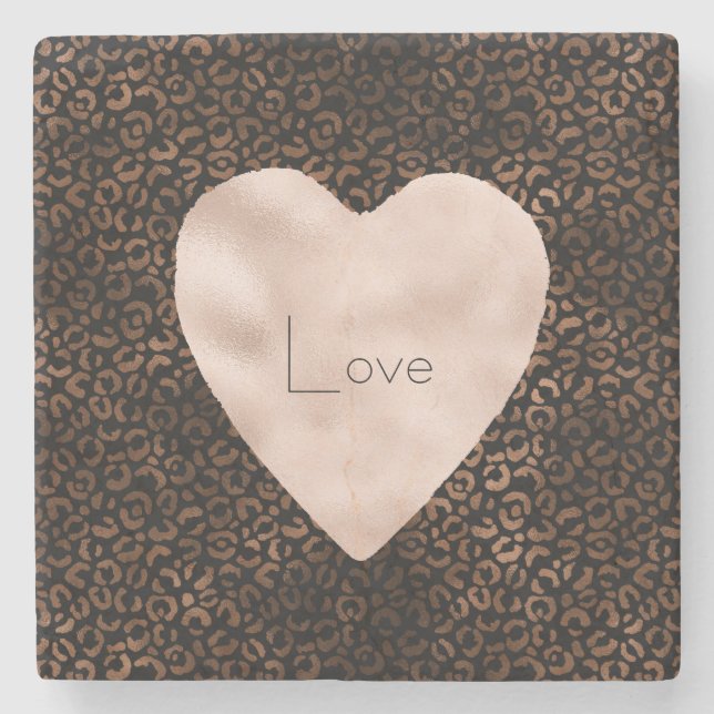Glam Brown Black Leopard Print Heart Stenunderlägg (Framsidan)