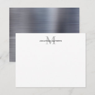Glam Brushed Metall Silver Grått Classic Monogram Anteckningskort
