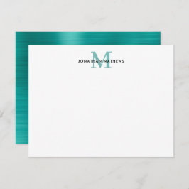 Glam Brushed Metall Teal Grönt Classic Monogram Anteckningskort