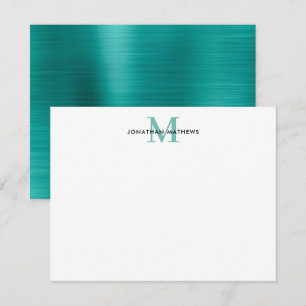 Glam Brushed Metall Teal Grönt Classic Monogram Anteckningskort