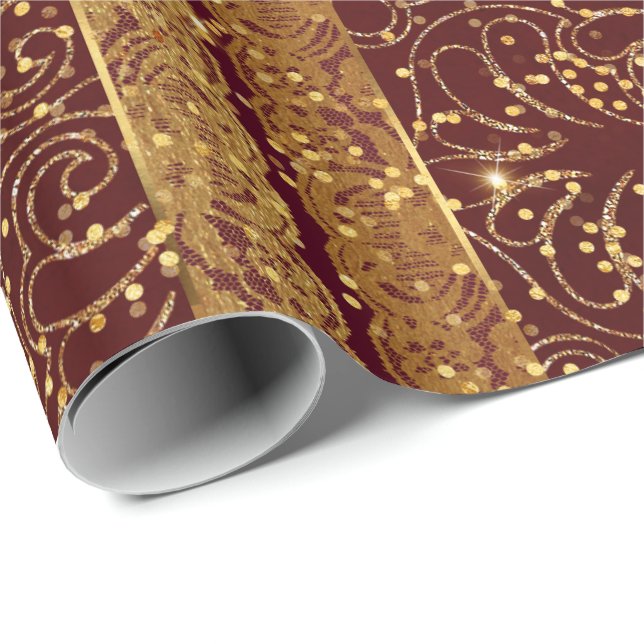 Glam Burgunde Wood Golden Foil Blommigt Snöre Presentpapper (Rullad Hörn)