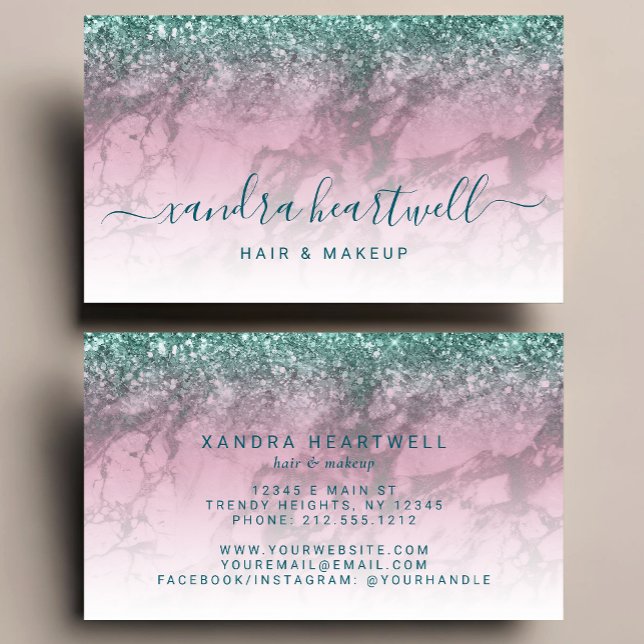 Glam Burgunder Marmor Teal Glitter Script Stylist Visitkort (Skapare uppladdad)