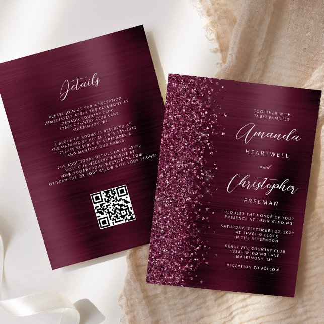 Glam Burgundy Borstat Metall QR-kod Bröllop Inbjudningar (Skapare uppladdad)