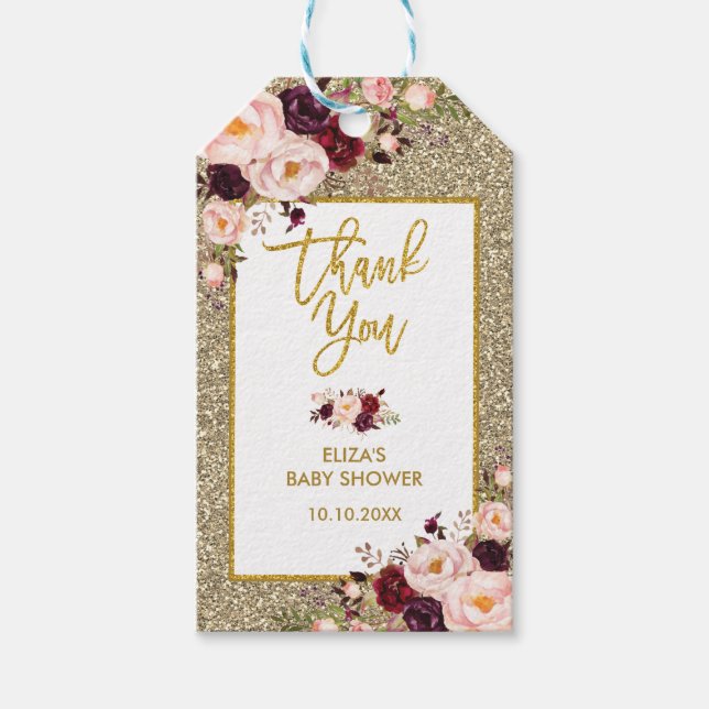 Glam Burgundy  Flower Glitter Tack Favor Presentetikett (Framsidan)