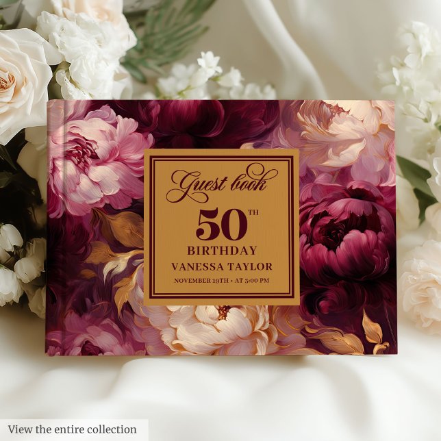 Glam Burgundy  Guld-Blommigten 50:e födelsedagen Gästböcker (Glam Burgundy Blush Gold Floral 50th Birthday Guest Book )