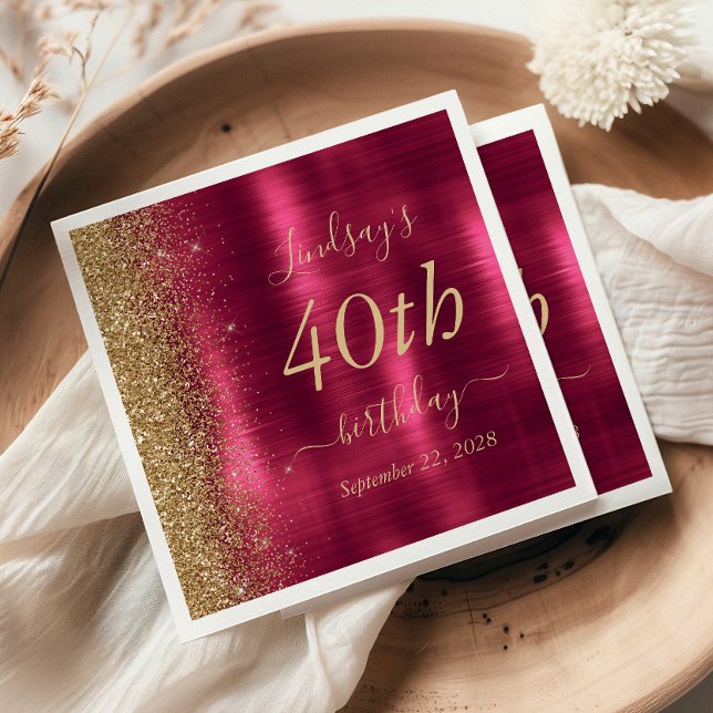 Glam Burgundy Guld Glitter 40:e födelsedagen Party Pappersservett (Skapare uppladdad)