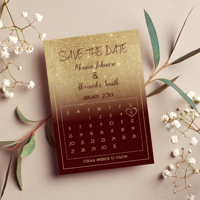 Glam Burgundy Guld Glitter Kalender Spara Datumet Meddelande Vykort (Glam Burgundy Gold Glitter Calendar Save the Date)