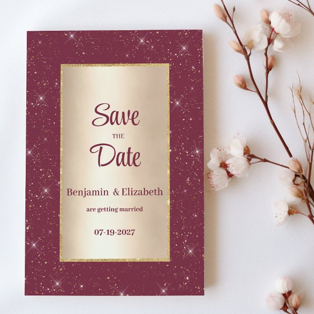 Glam burgundy guld glitter konetti Spara datum Inbjudningar (Glam burgundy gold glitter confetti Save the Date)