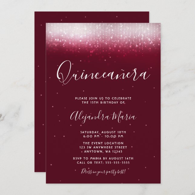Glam Burgundy Quinceañera Inbjudningar (Fram/baksida)