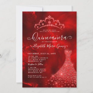 Glam Burgundy Red Diamond Tiara Dress Quinceanera Inbjudningar