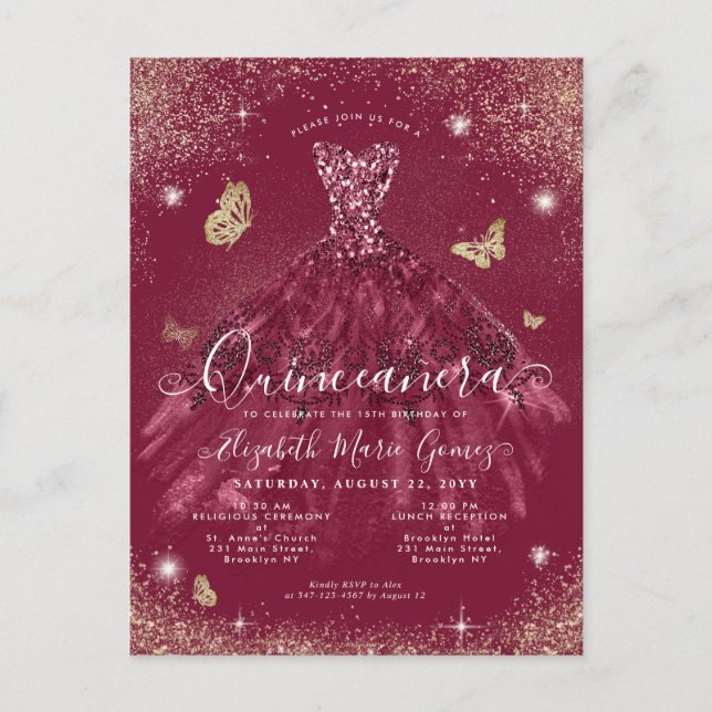 Glam Burgundy Red Guld Glitter Gown Quinceanera Vykort (Framsida)