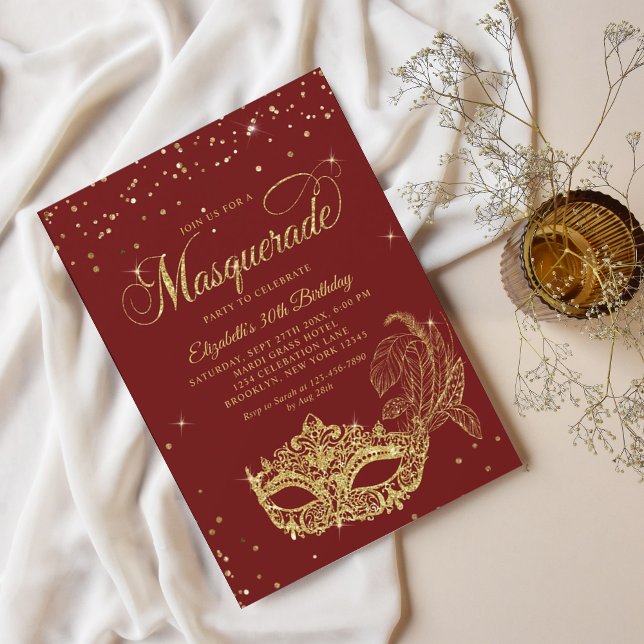 Glam Burgundy Red Guld Glitter MasqueraBirthday Inbjudningar (Skapare uppladdad)