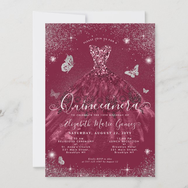 Glam Burgundy Red Silver Glitter Gown Quinceanera Inbjudningar (Framsida)