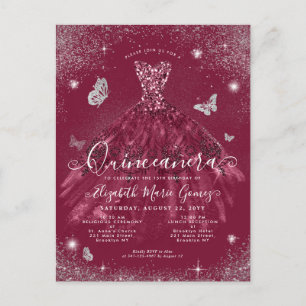 Glam Burgundy Red Silver Glitter Gown Quinceanera Vykort