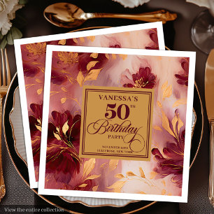 Glam Burgundy Rodnad Guld Blommig 50-årsdag Pappersservett