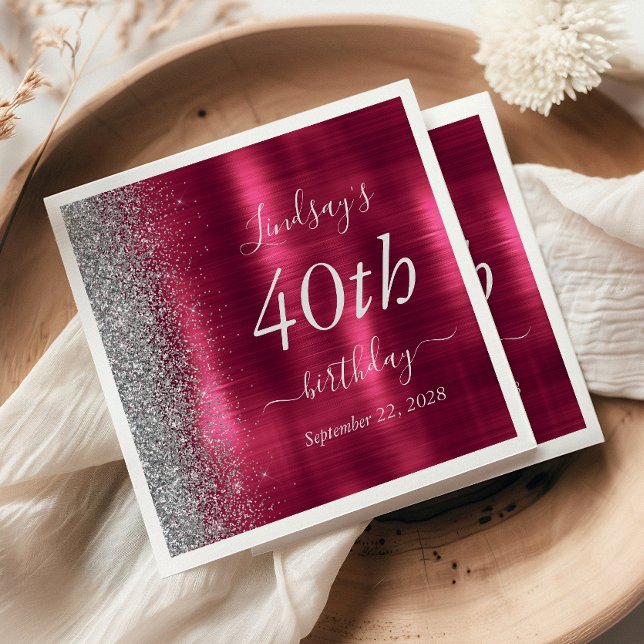 Glam Burgundy Silver Glitter 40:e födelsedagen Par Pappersservett (Skapare uppladdad)
