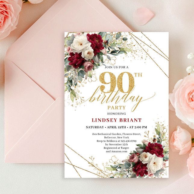 Glam Burgundy White Rose Gold 90th Birthday Invite Inbjudningar (Glam Burgundy White Rose Gold 90th Birthday Invitation)
