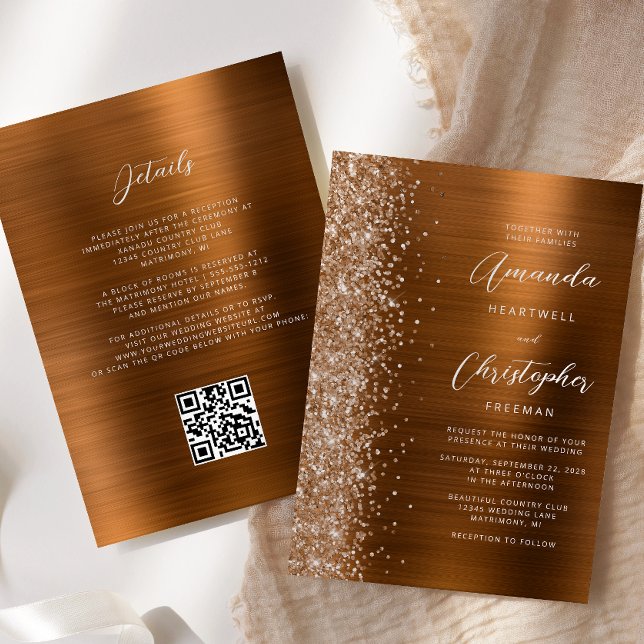 Glam Burnt Orange Brushed Metal QR Code Wedding Inbjudningar (Skapare uppladdad)