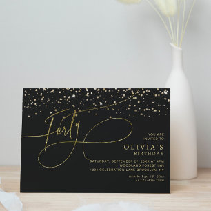 Glam Calligraphy Black Guld Confetti 40:e födelsed Inbjudningar