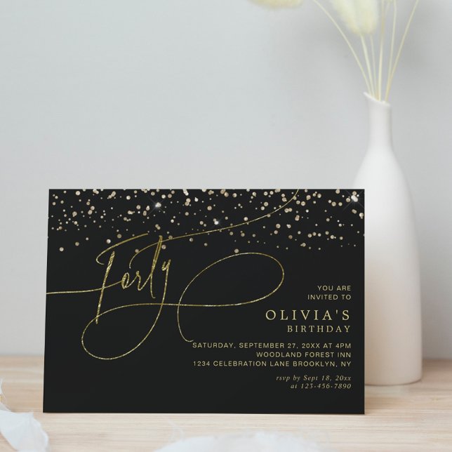 Glam Calligraphy Black Guld Confetti 40:e födelsed Inbjudningar (Skapare uppladdad)