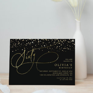 Glam Calligraphy Black Guld Confetti 60:e födelsed Inbjudningar