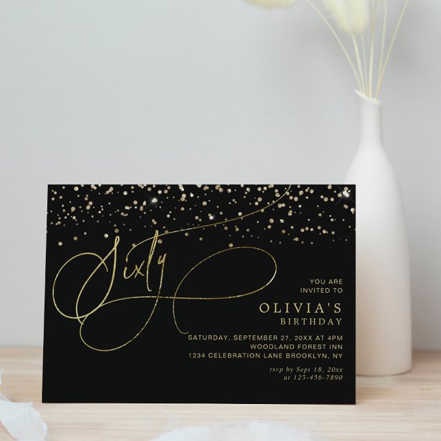 Glam Calligraphy Black Guld Confetti 60:e födelsed Inbjudningar (Skapare uppladdad)